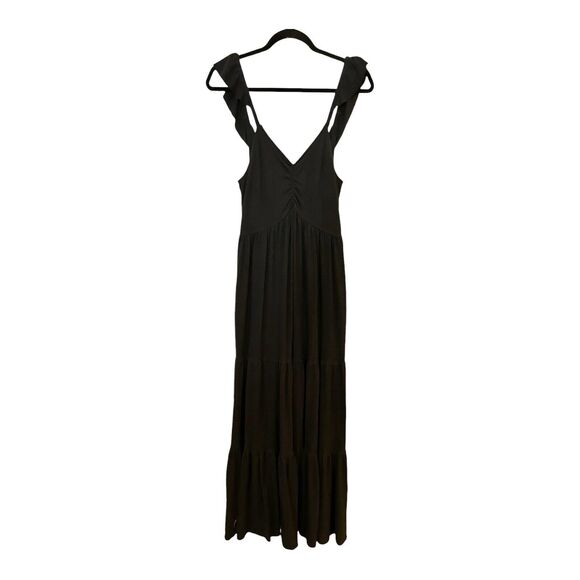 K29 Free People Beach Langley Black Ruffle Shoulder Maxi Dress S Linen Blend - Picture 2 of 10
